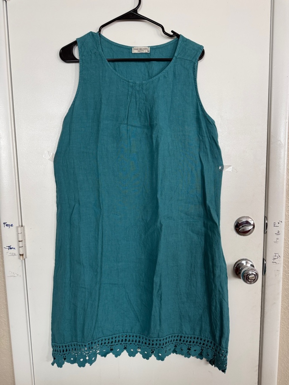 Sleeveless Teal Linen Tunic with Crochet Hem by Eileen Fisher